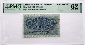 Lithuania 5 Centai 1922 Pavyzdys-bevertis PMG 62 Uncirculated