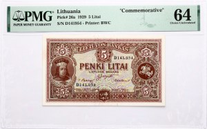 Lituanie 5 Litai 1929 PMG 64 Choice Uncirculated