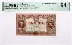 Litva 5 litajů 1929 PMG 64 Výběr bez obtisku