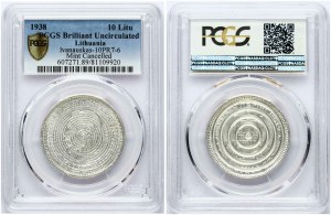 Litva 10 Litu 1938 Defaced at Spindulys (RRR) PCGS Brilliant Uncirculated