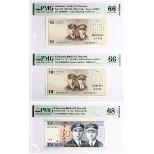 Litva 10 Litu 1991 a 2007 S malými číslami PMG 66-68 Superb Gem Unc Lot of 3 pcs