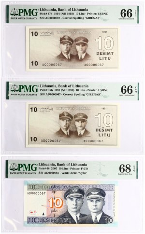 Litwa 10 Litu 1991 & 2007 Z małymi numerami PMG 66-68 Superb Gem Unc Lot of 3 pcs