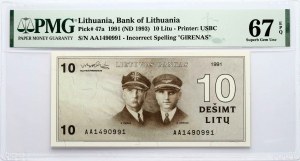 Lituanie 10 Litu 1991 (1993) Darius ir Girenas PMG 67 Superbe Gem Unc EPQ