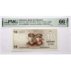 Litauen 10 Litu 1991 (ND 1993) Darius ir Girenas SPECIMEN PMG 66 Gem Uncirculated