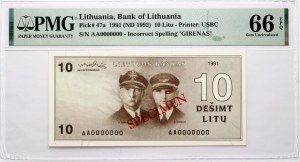 Lithuania 10 Litu 1991 (ND 1993) Darius ir Girenas SPECIMEN PMG 66 Gem Uncirculated