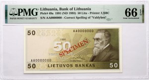 Lituania 50 Litu 1991 (ND 1993) Basanavicius SPECIMEN PMG 66 Gem Uncirculated