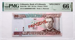 Litwa 20 Litu 1997 Maironis PAVYZDYS/SPECIMEN PMG 66 Gem bez obiegu
