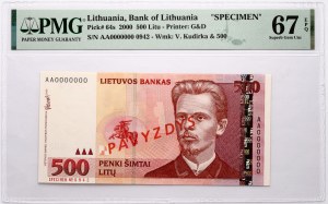 Litwa 500 Litu 2000 Kudirka PAVYZDYS/SPECIMEN PMG 67 Superb Gem Unc