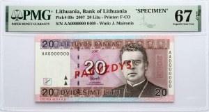 Lithuania 20 Litu 2007 Maironis PAVYZDYS/SPECIMEN PMG 67 Superb Gem Unc EPQ TOP POP