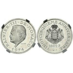 Monaco Platinum 1000 Francs 1974 25 Years of Reign NGC PF 66