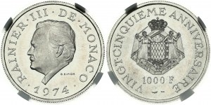 Monaco 1000 Franchi di Platino 1974 25 Anni di Regno NGC PF 66