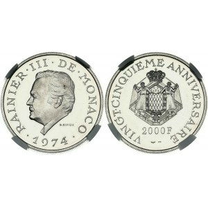 Monaco Platin 2000 Francs 1974 25 Jahre der Herrschaft NGC PF 67