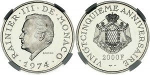 Monako platina 2000 franků 1974 25 let vlády NGC PF 67