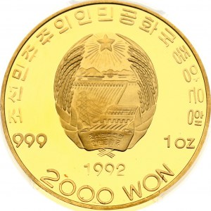 Severná Kórea 2000 wonov 1992 50. narodeniny Kim Čong II PCGS PR 69 DCAM MAX GRADE