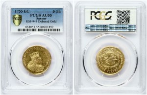 Pruská vojenská emise 5 tolarů 1755 EC (R1) PCGS AU 55 MAX GRADE