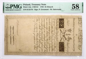 Polonia 25 Zlotych 1794 Nota del Tesoro PMG 58 Choice circa Unc