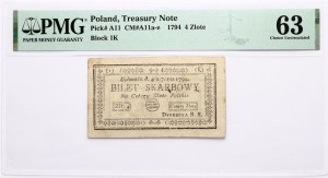 Polska 4 złote 1794 banknot skarbowy PMG 63 Choice Uncirculated