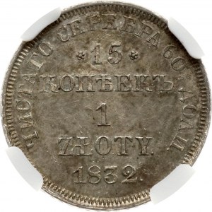 Rosyjsko-Polskie 15 Kopiejek - 1 Złoty 1832 НГ (R) NGC MS 61 Budanitsky Collection