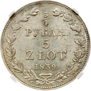 Russie-Pologne 3/4 Roubles - 5 Zlotych 1839 MW NGC MS 62 TOP POP