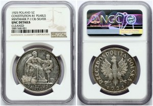 Polska 5 złotych 1925 Konstytucja 81 pereł NGC UNC SZCZEGÓŁY