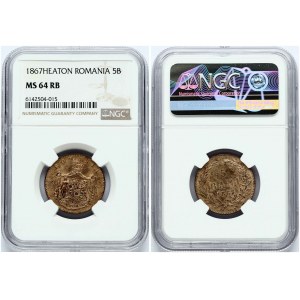 Romania 5 Bani 1867 HEATON NGC MS 64 RB