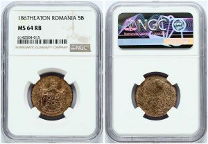 Rumunsko 5 Bani 1867 HEATON NGC MS 64 RB