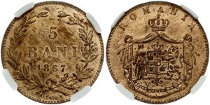 Rumunsko 5 Bani 1867 HEATON NGC MS 64 RB
