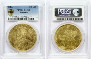 Romania 50 Lei 1906 40th Anniversary of Reign PCGS AU 55