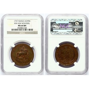 Russia Kopeck 1757 Novodel (R2) NGC MS 64 BN