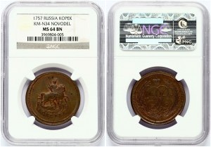 Russia Kopeck 1757 Novodel (R2) NGC MS 64 BN