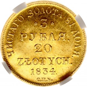 Rosja dla Polski 3 ruble - 20 złotych 1834 СПБ-ПД (R) RARE NGC MS 62 PL TOP POP