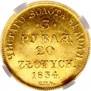 Rusko pro Polsko 3 ruble - 20 zlotých 1834 СПБ-ПД (R) RARE NGC MS 62 PL TOP POP