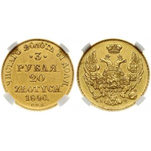 Rosja dla Polski 3 ruble - 20 złotych 1840 СПБ-АЧ (R3) NGC UNC DETAILS