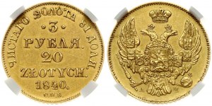 Rusko pro Polsko 3 ruble - 20 zlotých 1840 СПБ-АЧ (R3) NGC UNC DETAILY