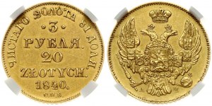Rosja dla Polski 3 ruble - 20 złotych 1840 СПБ-АЧ (R3) NGC UNC DETAILS