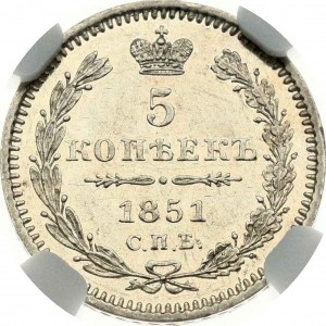 Rosja 5 kopiejek 1851 СПБ-ПА NGC MS 61