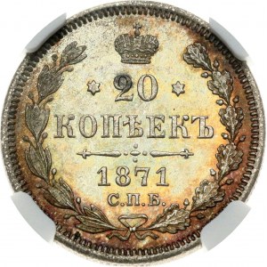 Russia 20 Kopecks 1871 СПБ-HI NGC MS 66 Budanitsky Collection TOP POP