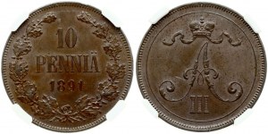 Russia For Finland 10 Pennia 1891 NGC MS 63 BN