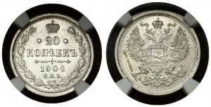 Rosja 20 kopiejek 1904 СПБ-AP NGC MS 66