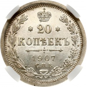 Rusko 20 kopějek 1907 СПБ-ЭБ NGC MS 66 Budanitsky Collection