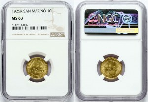 San Marino 10 lir 1925 R NGC MS 63