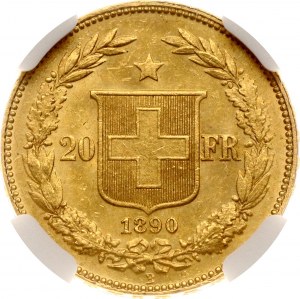 Švajčiarsko 20 frankov 1890 B NGC MS 62
