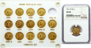 USA 2½ dolaru 1908-1929 s indiánskou hlavou Kompletní sada 15 mincí