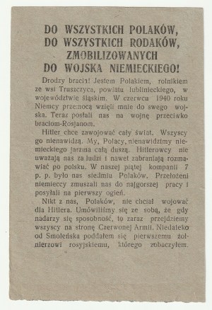 [TRUSZCZYCA, LUBLINIEC]. À tous les Polonais, à tous les compatriotes mobilisés dans l'armée allemande, 17.08.1941