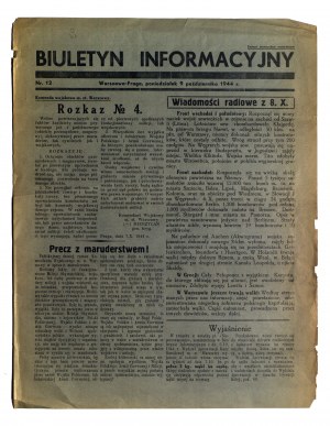 BIULETYN Informacyjny - 9.10.1944, pag. 2, sul frontespizio un ordine del Comandante Militare della Capitale di Varsavia, Brig. Gen. Mierzycan