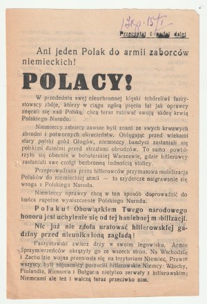 POLÁCI! - 15.12.1944, leták šířící zprávu o plánech Třetí říše mobilizovat Poláky do německé armády.