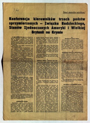 [LVIV]. Foglio di supplemento al Gonfalone Rosso del 13.02.1945: Conferenza dei capi dei tre Stati alleati
