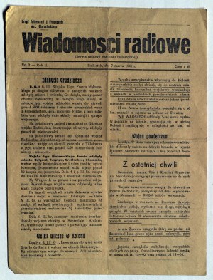 [BIAŁYSTOK, GRUDZIĄDZ]. Rozhlasové zprávy, 07.03.1945, Úřad informací a propagandy Białystockého vojvodství.