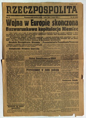 RZECZPOSPOLITA - leták-dodatok z 09.05.1945, na stránkach, okrem iného: Vojna v Európe sa skončila