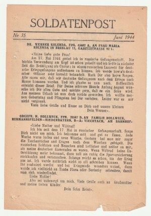 SOLDATENPOST - VI 1944. Na łamach ulotki trzy listy napisane rzekomo przez niemieckich jeńców